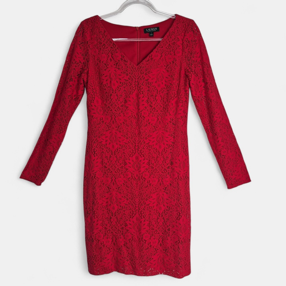 Lauren Ralph Lauren Womens Sz 4 Red Floral Lace V-Neck Long Sleeve Sheath Dress